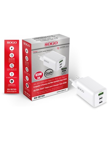 CARGADOR ULTRA RAPIDO 3 PUERTOS GAN 65W